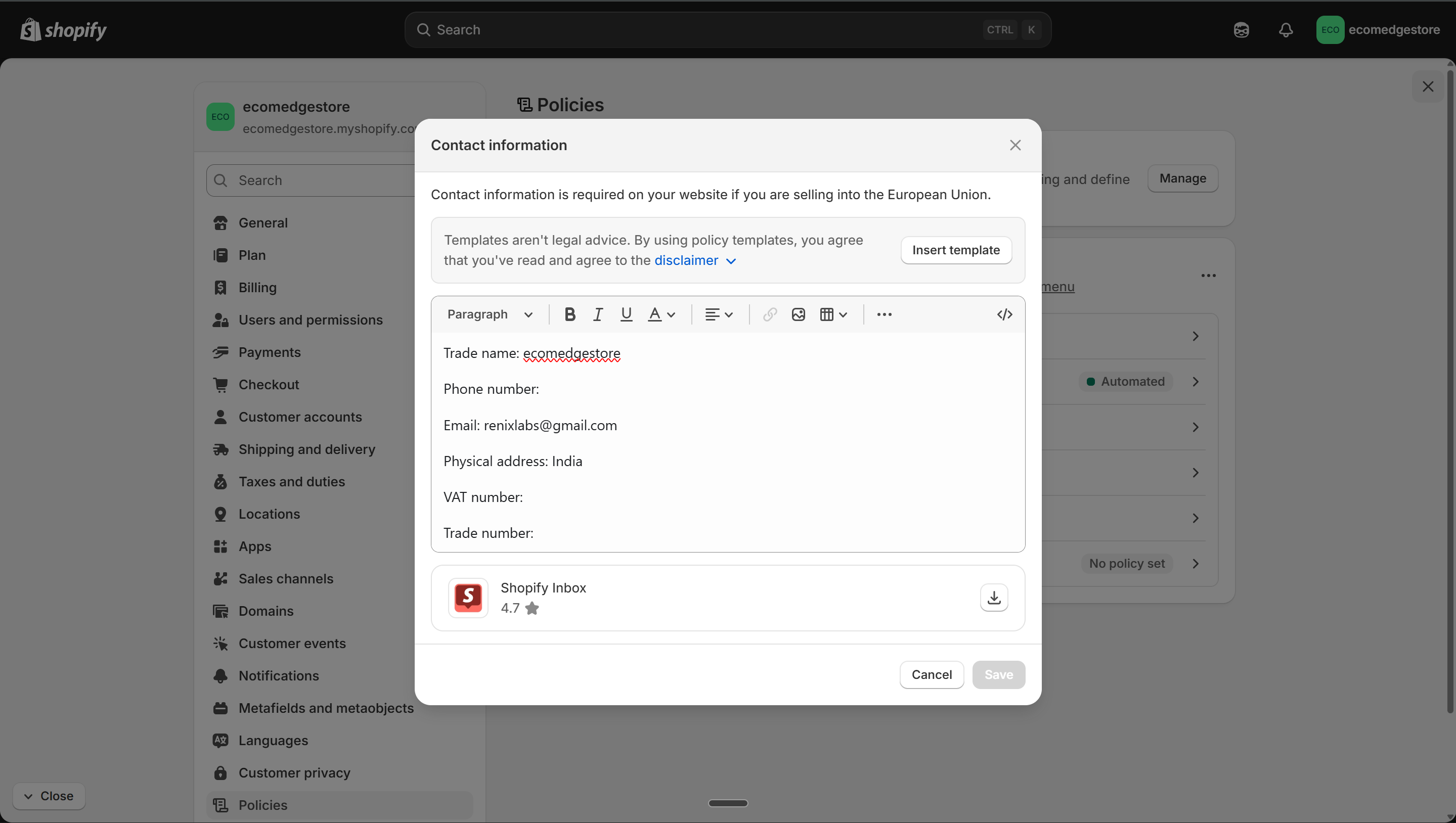 Contact Information — trade name, email, address